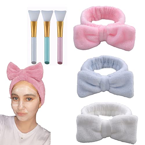 IOOI 3 Stück Bowknot Kosmetik Stirnbänder mit 3 Stücke Silikonpinsel,Beauty Gesichtspflege Make-up für Duschen Gesicht Waschen Sport Hautpflege (Weiß+Blau+Rosa) Cover
