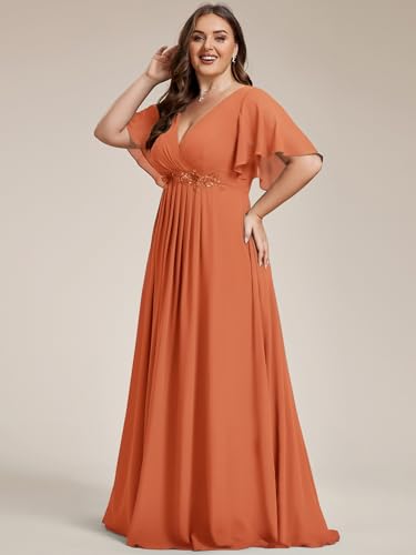 Image of Ever-Pretty Short Sleeves V Neck Plus Size Formal Dresses for Curvy Women Chiffon Mother of The Bride Dress Evening Gowns