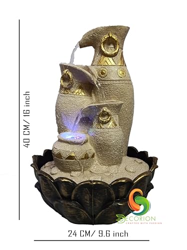 Image of Decorative Table Top Water Fountain for Home Decor /Office /Indoor & Outdoor /Garden /Puja Room /Vaastu with Multicolor LED Light and Adjustable Water Pump (Yellow Stone Matki)