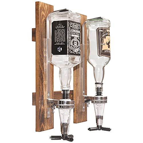 2-Bottle Wall Mounted Liquor Dispenser, Wooden Wall Shelf for Home Bar, Glass Drink Dispenser for Parties