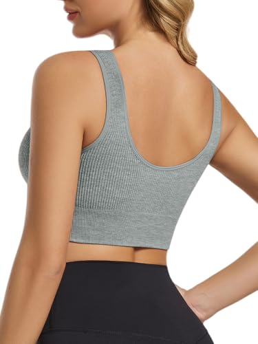 Image of Chilylori Seamless Sports Bras for Women Pack of 3 Ribbed Sports Bra Workout Tops Cropped Tank Top Comfort Padded Yoga