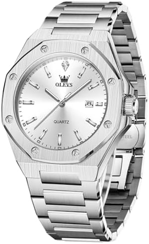 OLEVS Watch Men Luxury Silver Stainless Steel Dress Wrist Analog Quartz Waterproof Watches for Men Fashion Luminous Nice Large Face Minimalist Mens Watches Relojes para Hombres