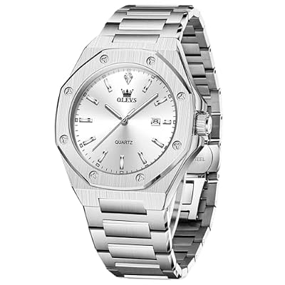 OLEVS Watch Men Luxury Silver Stainless Steel Dress Wrist Analog Quartz Waterproof Watches for Men Fashion Luminous Nice Large Face Minimalist Mens Watches Relojes para Hombres