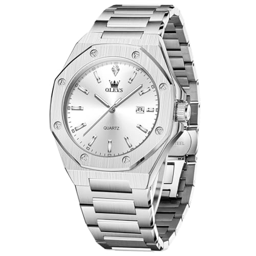 OLEVS Watch Men Luxury Silver Stainless Steel Dress Wrist Analog Quartz Waterproof Watches for Men Fashion Luminous Nice Large Face Minimalist Mens Watches Relojes para Hombres