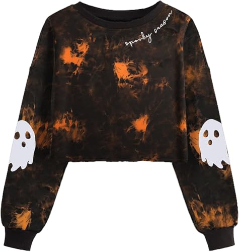 Boikukx Womens Funny Ghost Crop Sweatshirt Fall Halloween Graphic Lantern Long Sleeve Holiday Family Matching Tie Dye Graphic Pullover Tops(M 03HBlack)