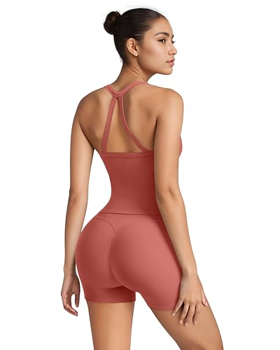 Image of SUUKSESS Women 2 Piece Workout Sets High Waisted Tummy Control Biker Shorts Halter Padded Tank Tops