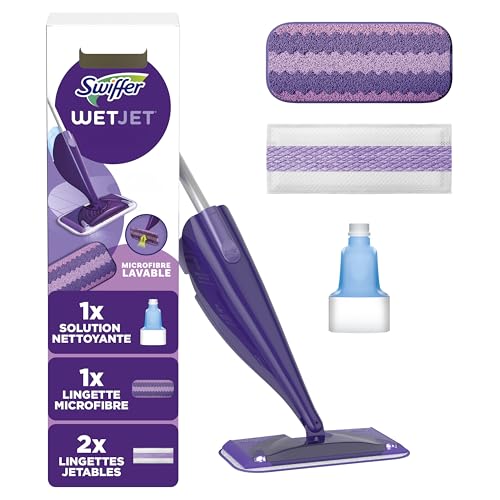 Swiffer Balai WetJet, Kit de Démarrage (1 Balai + 1 Lingette Micro-Fibre Lavable + Lingettes Jetables + 1 Solution Nettoyante), Solution Multi-Surfaces, Élimine la Saleté Sans Traces ni Résidus