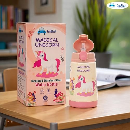 Image of FunBlast Unicorn Theme Water Bottle for Kids - Cute Water Bottle with Straw, Insulated Stainless Steel Bottle, Sipper Bottle for Kids (300 ML)