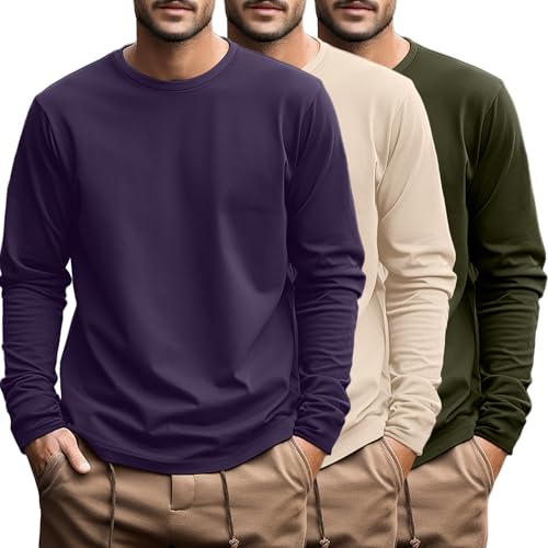 Ficerd 3 Pack Men's Big and Tall Shirts Long Sleeve Cotton Tee Crew Neck Oversize Tops Casual Loose Fit Knitted T Shirts