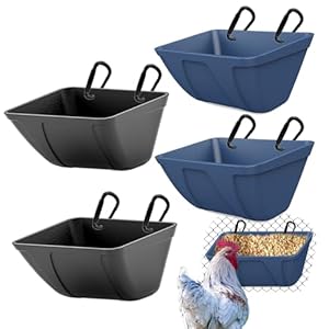 Hanging Chicken Feeder Trough for Goat Sheep Deer Poultry Duck Chicken Fence Feeder Livestock Feeding Container Goats Supplies Feeders Waterer Bucket (Black and Blue)