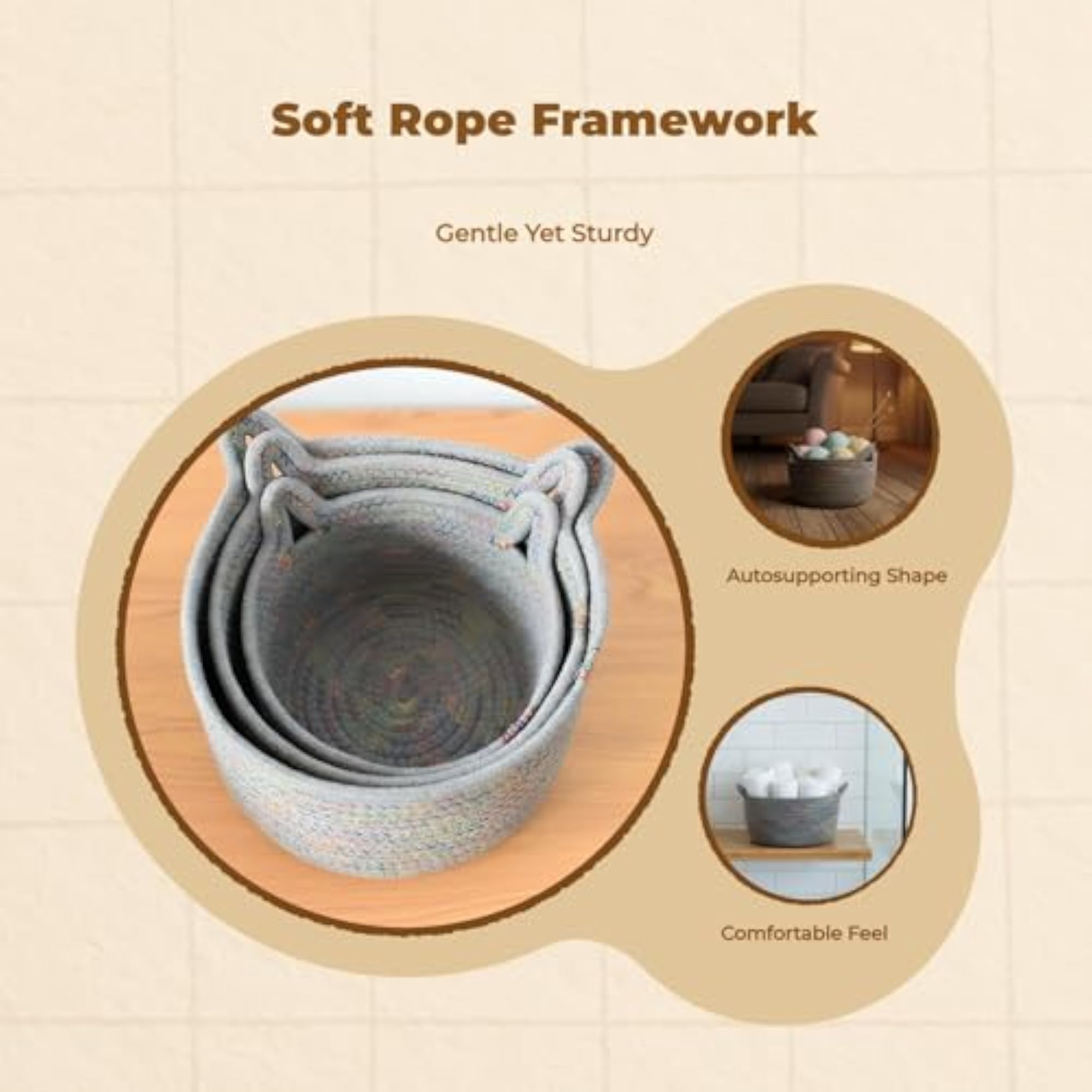 Rope Cat Ear Storage Basket, Woven Organizer Bin in Grey