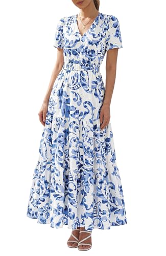 BTFBM Womens Summer Dresses 2026 V Neck Hollow Out Eyelet A Line Flowy Boho Beach Vacation Wedding Guest Maxi Dress(Floral White Blue, X-Large)