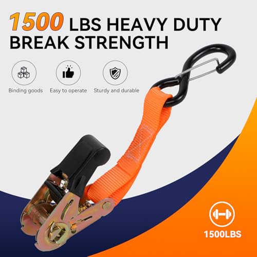 Tie Down Straps Ratchet Set, Ratchet Straps Heavy Duty 1500 LBS Break Strength Tie Downs, Ratchet Straps with S Hooks & Safety Clips, Soft Loops & Storage Bag for Motorcycle Trailer UTV Cargo - image 2