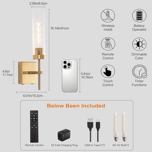 Image of Battery Operated Wall Sconce,Rechargeable Wall Light 8000mAh Fast Chargin Dimmable 3000K /6000K 2Color Bulbs Endurance 100 Hours Infinitely with Remote Control Wall Sconce Set of 2 for Bedroom Living