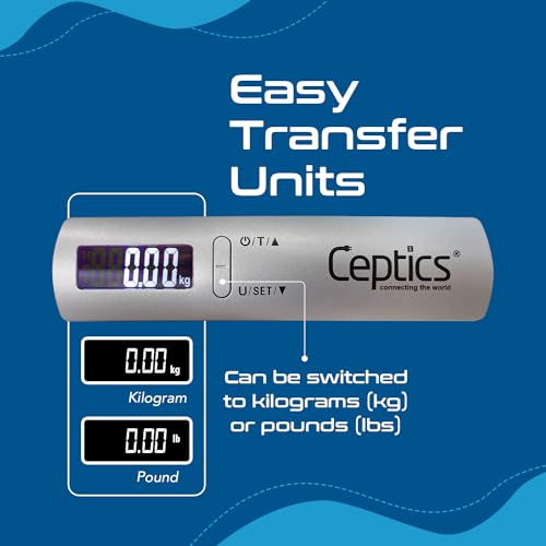 Image of Ceptics Digital Luggage Weighing Scale with LCD Display, 50 Kg Capacity Portable Weight Machine for Travel Bags & Suitcases, (Metallic Silver)
