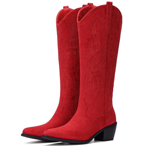 Image of Pasuot Western Cowboy Boots for Women - Knee High Wide Calf Cowgirl Boots, Slip On Pointed Toe Chunky Heel Fashion Retro Classic Pull On Tall Boot for ladies Party concert Matte Red US 8