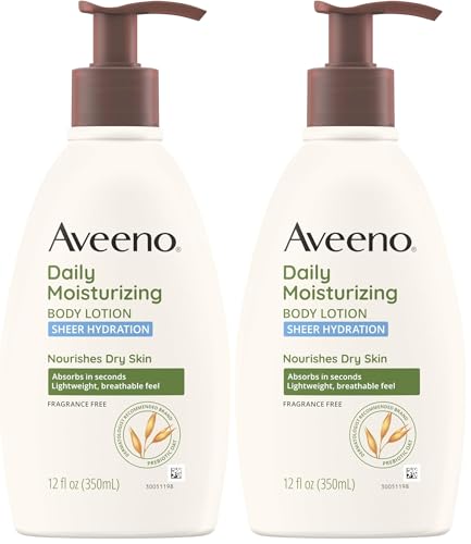 Aveeno Sheer Hydration Daily Moisturizing Fragrance-Free Lotion with Nourishing Prebiotic Oat, Fast-Absorbing Body Moisturizer for Dry Skin with Lightweight, Breathable Feel, 12 fl. oz (Pack of 2)