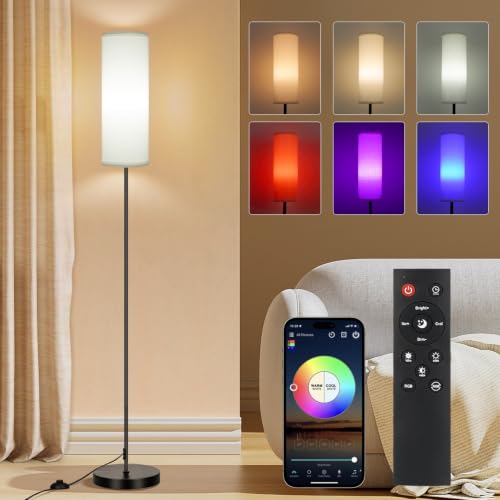FRIDEKO HOME Floor Lamp, 9W 800LM Color Changing Smart Bulb, White Shade | Music Sync Light, App & Remote Control, Dimmable & Adjustable Color Temperature Standing Lamp for Living Room Bedroom Gaming