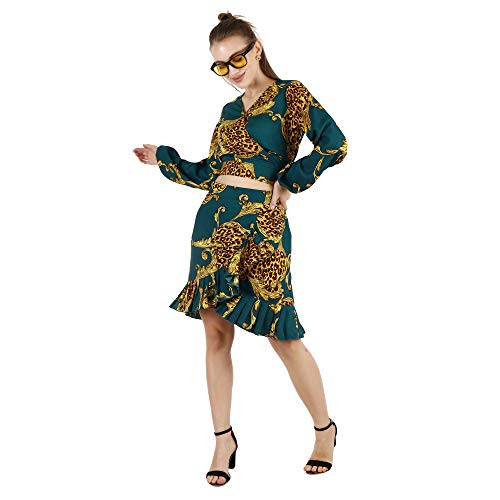 Image of POPWINGS Casual Dark Green Golden Animal Print Crop Top and Skirt Set for Women |Stylish Western Co-Ords Set | Summer Wear Co-ords for Women | V-Neck Crop Top Flare Knee-Length Skirt Set