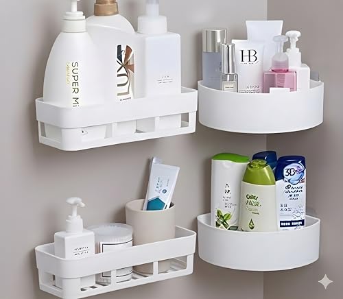 Image of Bathroom and Kitchen Storage Shelf Wall Mounted Utility Rack White Plastic Classic Style Self-Adhesive Installation (Pack of 4)