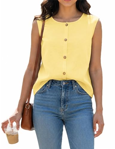 Lingjiazi Women's Linen Tank Tops Casual Scoop Neck Decorative Button Summer Cotton Beach Sleeveless Tops(1314-Yellow-L)