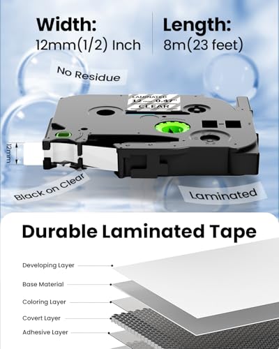 Replacement for Brother Label Maker Tape Clear TZ 12mm 0.47 Inch Ptouch Label Tape Black on Clear TZe-131 TZe131 P Touch Refills for PT-H103w 2040 PTD210 PTH100 PTD220, 1/2 Inch 26.2 Ft, 2 Pack