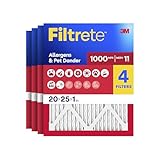 Filtrete 20x25x1 Air Filter, MERV 11, MPR 1000, Allergens & Pet Dander, 3-Month AC and Furnace Filters, Cleaner Air, Reliable Airflow, 4 HVAC Filters (Actual Size 19.68 x 24.68 x 0.81 in)