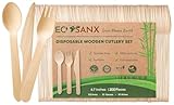 ECOSANX® 200 PCs Disposable Wooden Cutlery set 6.5' Splinter Free Compostable Utensils for party, Eco-Friendly, 100% All-Natural Bamboo Utensils set for picnic, Bamboo cutlery set for Events & More