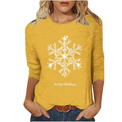 Merry Christmas Shirts for Women Fashion Xmas Snowflake Print Top 3/4 Sleeve Christmas Letter Graphic Holiday Tees Yellow