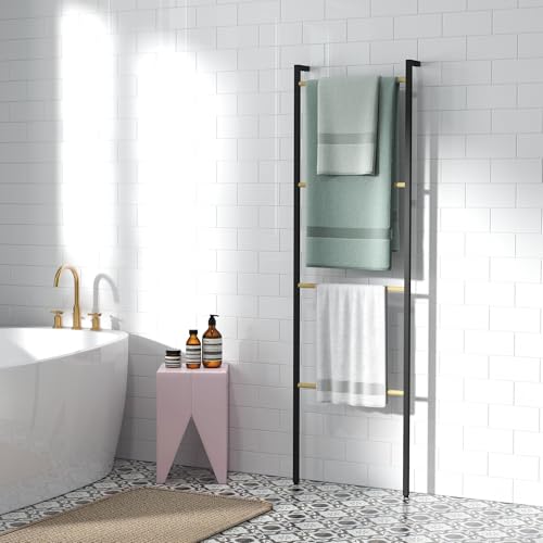 HOMCOM Toallero de 4 Niveles Toallero Escalera Apoyado en la Pared Toallero de Baño con 4 Barras de Bambú y Marco de Acero 49x5,5x167,5 cm Negro y Natural - imagen 2