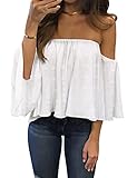 Bluetime Women Summer Off Shoulder Chiffon Blouse Ruffles Short Sleeves Tops Casual T Shirt (S, Polka Dot White)