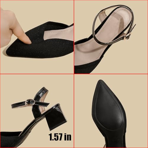 Women's Knit Closed Toe Slingback Chunky Heel Dress Pumps with Wave Ankle Strap Fashion Pointed Toe Buckle Block Heeled Sandals Summer Casual Work Office Wedding High Heels2