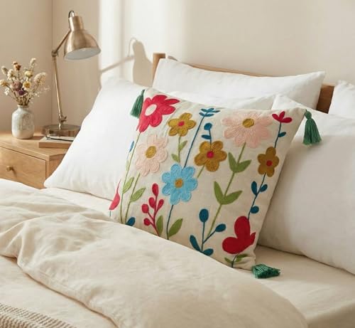 Image of Furnistitchs Handmade Cotton Bohemian Home Decor Cushion Cover 24x24 inches / 60x60 cms - Boho Chic Couch Sofa Throw Living Room Bedroom Cushions (1, Multicolor Daisy)