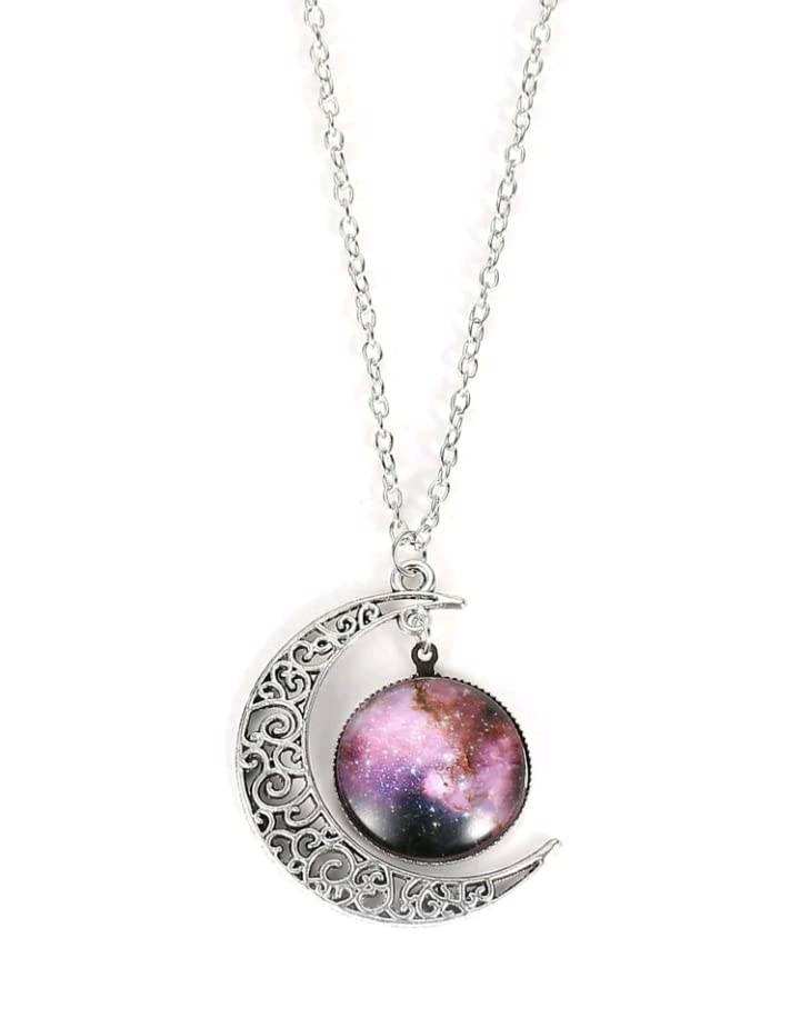 Disparatte Collar Colgante con Media Luna Plateada Labrada y Círculo con Cielo Estrellado. Bisutería Original y Elegante.