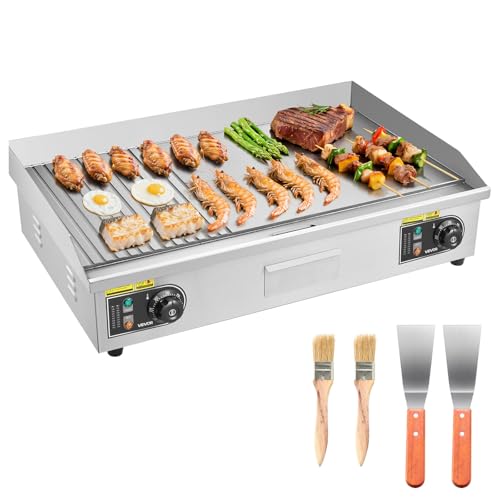 Image of VEVOR Commercial Electric Griddle, 28.54 x 15.75 in, 2800W, 122-570F Adjustable Temp Control, Stainless Steel, Half Grooved Half Flat, with 2 Spatulas, 2 Brushes, and 4 Foot Pads, for Steak(NO PLUG)