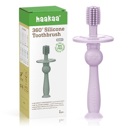Image of haakaa 360 Baby Toothbrush with Suction Base - Lavender | Gentle Cleaning for Infants, Gum Massage, BPA-Free, Food-Grade Silicone, Adjustable Safety Shield, Safe for Babies 6 Months+