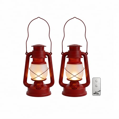 Wallsky 9.5 Lanterns Decorative Indoor Red Vintage Lanterns Decor with Remote Control Flameless Flickering LED Battery Operated Lanterns for Patio Porch Entryway 2 Pack