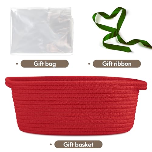 Image of Pro Goleem Small Woven Basket with Gift Bags and Ribbons Durable Baskets for Gifts Empty Small Rope Basket for Storage 12 inchX 8 inch X 5 inch Baby Toy Basket with Handles, Red