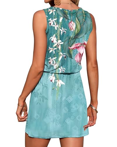 Image of AUSELILY Womens Summer Sleeveless V-Neck Drawstring Waist Beach Cover up Mini Short Swing Dresses with Pockets
