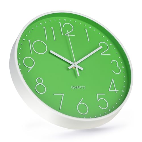 Image of Wall Clock 12 Inch Non-Ticking Silent Modern Simple Style Round Decor Clock Green Stereoscopic Dial Quartz Wall Clocks for Home /Office /School /Living Room /Bedroom /Kitchen