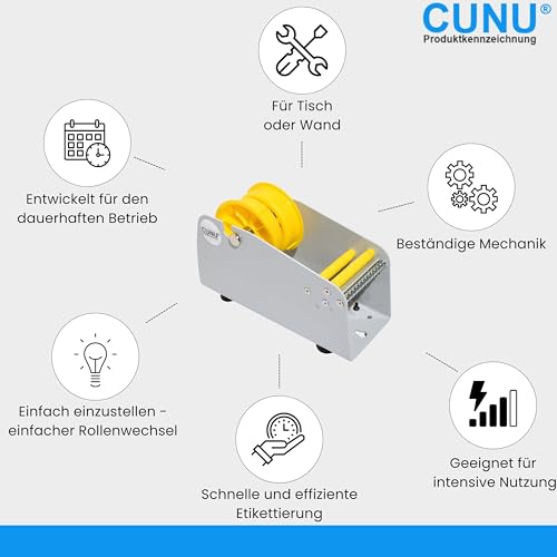 CUNU - Etikettenspender manuell für max. 77mm breite Etikettenrollen für Tisch- und Wandmontage - Spender für Etiketten, Label und Rollenetiketten für die manuelle Handentnahme inkl. Rollenkern-Halter