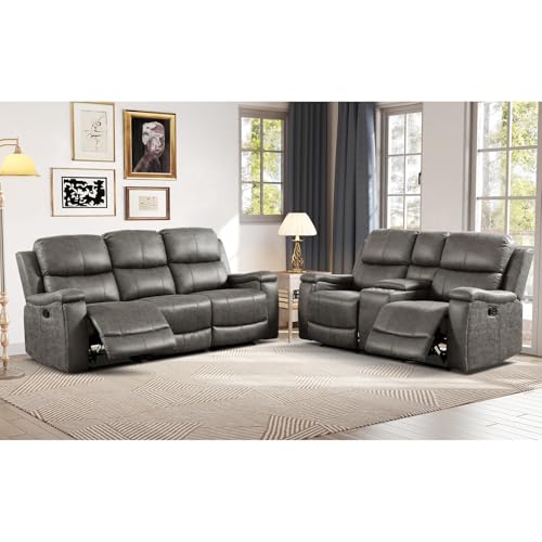 Image of CANMOV Faux Leather Manual Reclining Sofa Set, Manual Recliner Sofa and Recliner Loveseat with Center Console, Hidden Storage and Cup Holders for Living Room,Bedroom Furniture,Grey
