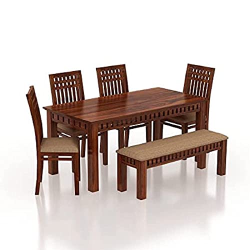 Image of SHRI MINTU'S ART Sheesham Wood Dining Table 6 Seater | Six Seater Dinning Table with 4 Chairs & 1 Bench for Home | Dining Room Sets for Kitchen & Restaurants | Chairs with Cushion | Natural Brown