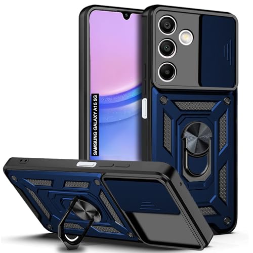 Image of AESTMO Tough Armor Samsung Galaxy A15 5G Bumper Back Case Cover | Ring Holder & Sliding Camera Shield Cover | 360 Degree Protection Back Case Cover for Samsung Galaxy A15 (Blue)