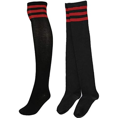 Women's Striped Cotton Thigh High Over Knee Socks - Black & Red Cover