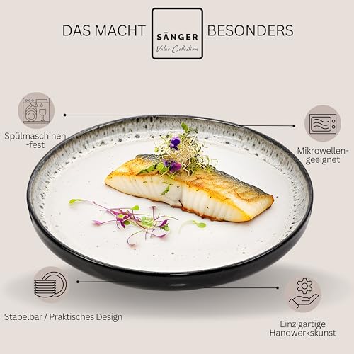 SÄNGER Sansibar | Teller Set 6 Personen, Steingut Geschirr Set 6 teilig, Speiseteller Essteller Dinner Set kratzfest, Plates Set spülmaschinenfest, Steingut Speise Teller hellgrau | VALUE COLLECTION