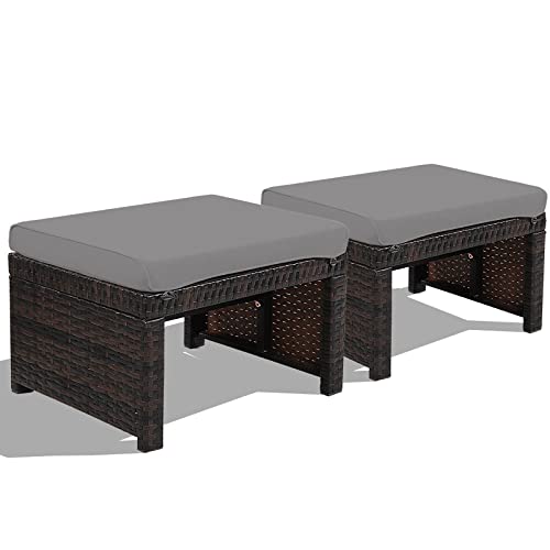 HAPPYGRILL 2 Piece Outdoor Wicker Ottomans, Patio Rattan Footstool with