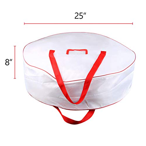 TQS 25" Christmas Wreath Storage Bag - Xmas Large Wreath Container - Reinforced Wide Handle and Double Sleek Zipper - Heavy Duty Protect Your Party Decorations Garland - White