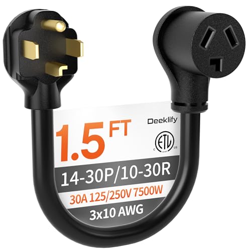 Deeklify 1.5 ft 3 Prong to 4 Prong Dryer Adapter, 10 AWG NEMA 14-30P to 10-30R, Heavy Duty 3 to 4 Prong Dryer Plug Adapter, 30A 250V 7500W for Old Dryer Conversion, Black STW, ETL Listed