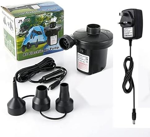 Electric Air Pump, 2 in 1 Quick-Fill Inflate/Deflate Electric Pump, 220-240V AC/DC 12V with 3 nozzles for Inflatables Couch, Pool Floats, Blow up Pool Raft Bed Boat Toy
